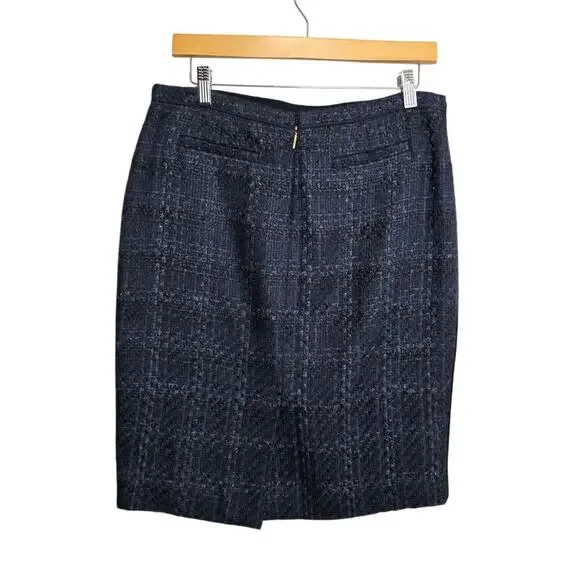 Tory Burch Womens Drew Glazed Navy Blue Tweed Pencil Skirt SZ 8 Professional - Picture 4 of 10